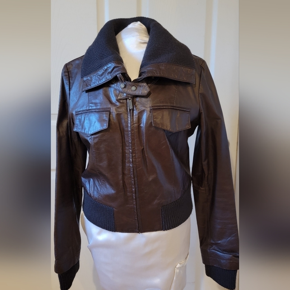 CALVIN KLEIN DARK BROWN LEATHER JACKET‎ ( sz small)